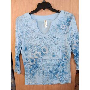 Endless Designs (M) "Daisy Days"Blue Floral‎ Rhinestones 3/4 Sleeve Shirt